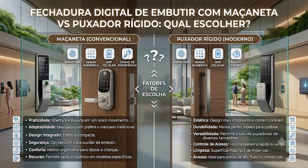Fechadura Digital de Embutir com Maçaneta vs Puxador Rígido: Qual escolher?